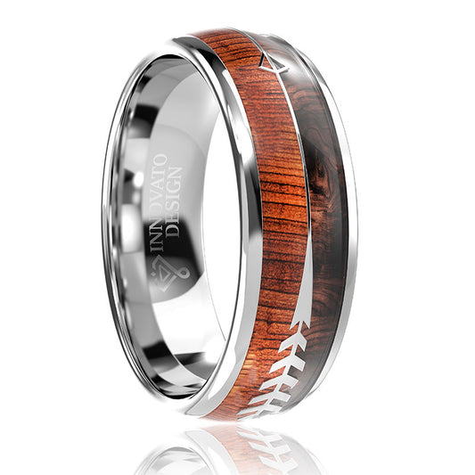 8 mm Men Real Wood Inlay Arrow Tungsten Carbide Wedding Ring Dome Style High Polished-Rings-Innovato Design-6-Innovato Design