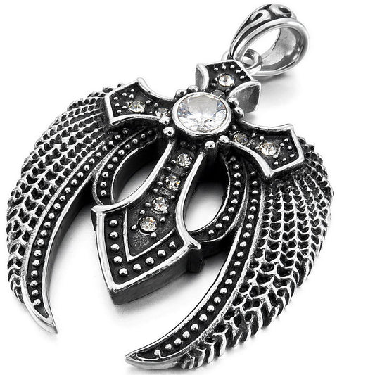 Men's Stainless Steel Pendant Necklace CZ Silver Tone Black Cross Angel Wing -With 23 Inch Chain-Necklaces-INBLUE-black-Innovato Design