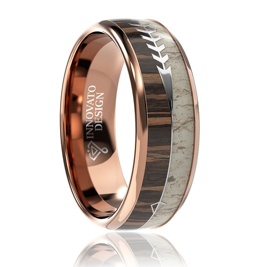 8mm Arrow Inlay Deer Antler and Zebra Wood Rose Gold Tungsten Ring-Rings-Innovato Design-7-Innovato Design