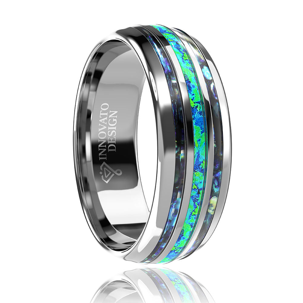 8mm Tungsten Carbide Men's Abalone and Hawaiian Blue Opal Wedding