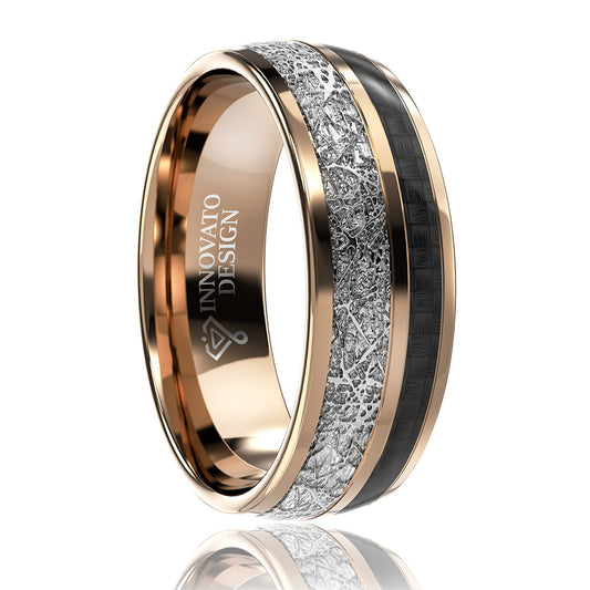8mm Rose Gold Tungsten Carbon Fiber Meteorite Wedding Band-Rings-Innovato Design-7-Innovato Design