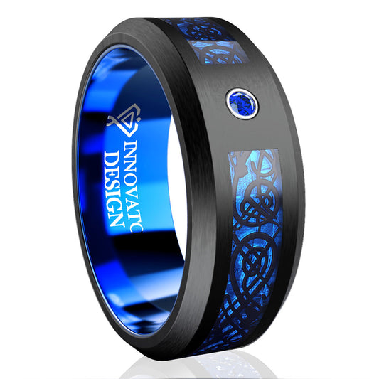 Black Tungsten Carbide Dragon Blue Inlay with Cubic Zirconia Firestone Wedding Band-Rings-Innovato Design-Blue-7-Innovato Design
