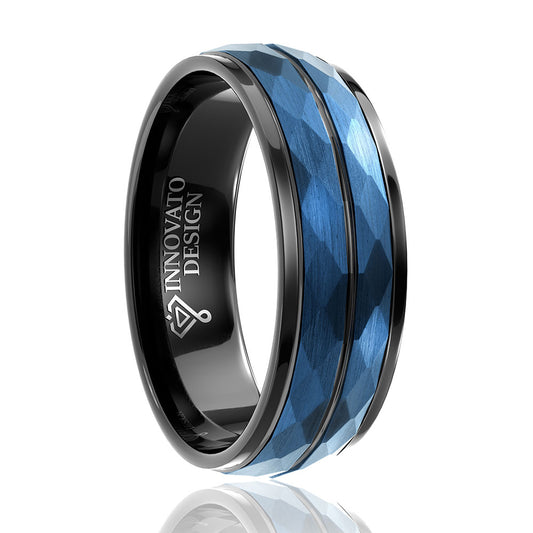Men’s 8 mm Blue Hammered Tungsten Carbide Ring Black Two Tone Wedding Band Groove Step Edge Comfort Fit-Rings-Innovato Design-6-Innovato Design