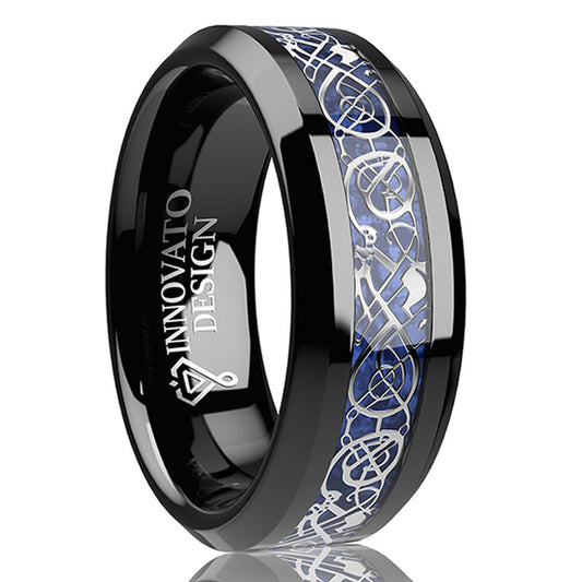 8mm Dragon Silver Inlay Black Over Blue Tungsten Carbide Wedding Comfort Fit Ring for Men-Rings-Innovato Design-5-Innovato Design