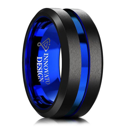 Men 10mm Black Matte Finish Tungsten Carbide Ring Blue Beveled Edge Wedding Band-Rings-Innovato Design-7-Innovato Design