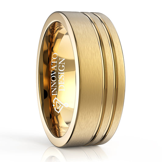 8mm Yellow Gold Plated Double Offset Lines Tungsten Ring-Rings-Innovato Design-5-Innovato Design