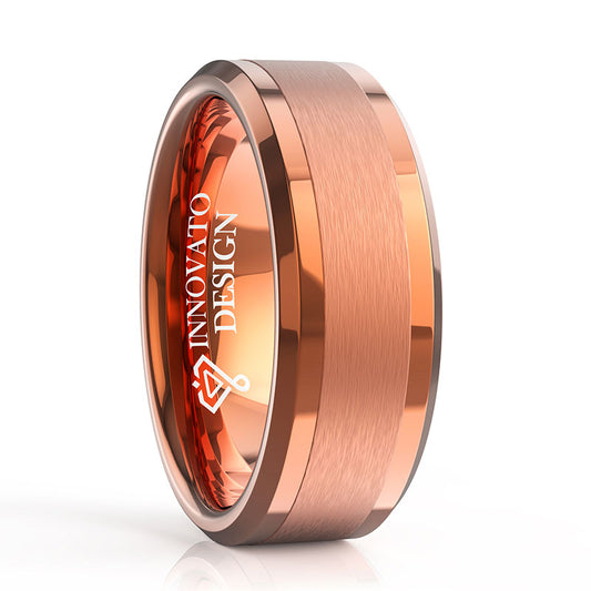 8mm Rose Gold Brushed Polished Tungsten Wedding Ring Beveled Edges-Rings-Innovato Design-5-Innovato Design