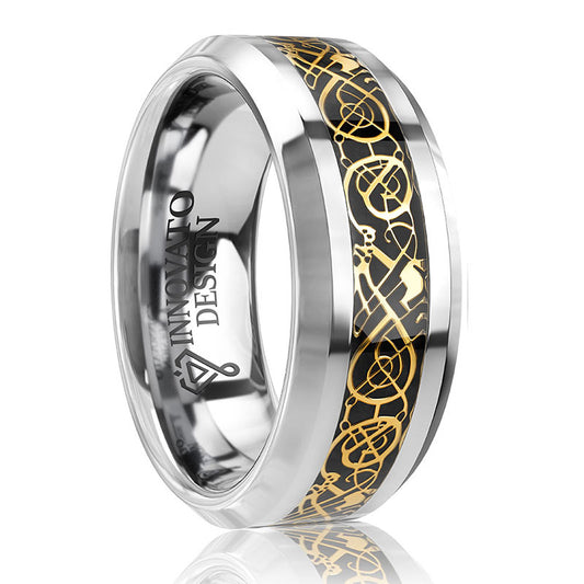 DRAGON 8mm Gold Celtic Dragon Tungsten Carbide Men Wedding Band Ring Comfort Fit-Rings-Innovato Design-7-Innovato Design