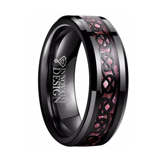 Black Tungsten Carbide in Pink Inlay with Heart Pattern Design Wedding Band-Rings-Innovato Design-7-Innovato Design