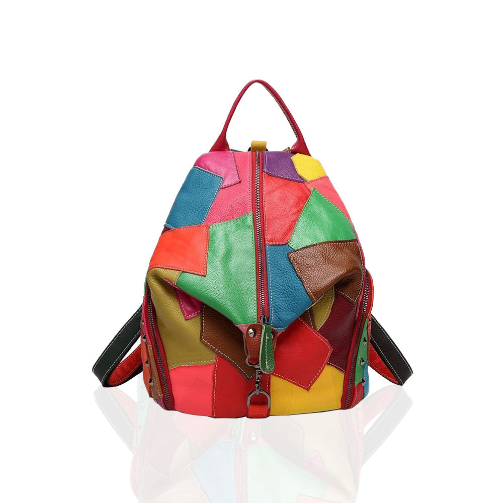 black leather patchwork backpack Genuine Leather Bag with Patchwork Design MultiColor and Black, Black / 14 in