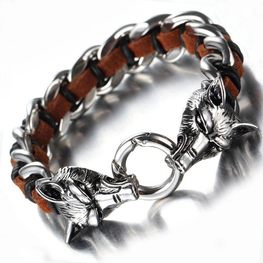 Leather Stainless Steel Bracelet for Men Cuff Braided Bangle Wolf Heads Bracelet-Bracelets-Innovato Design-Brown-Innovato Design