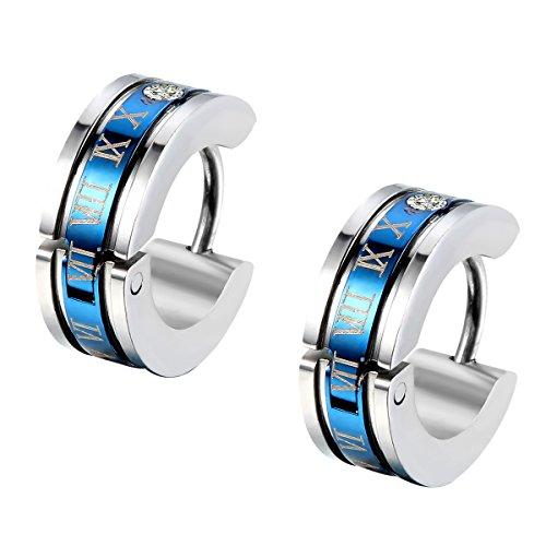 Men's Stainless Steel Engraved Roman Numerals Classic Polished Stud Hoop Huggie Earrings Gold Black Blue-Earrings-Innovato Design-Blue-Innovato Design