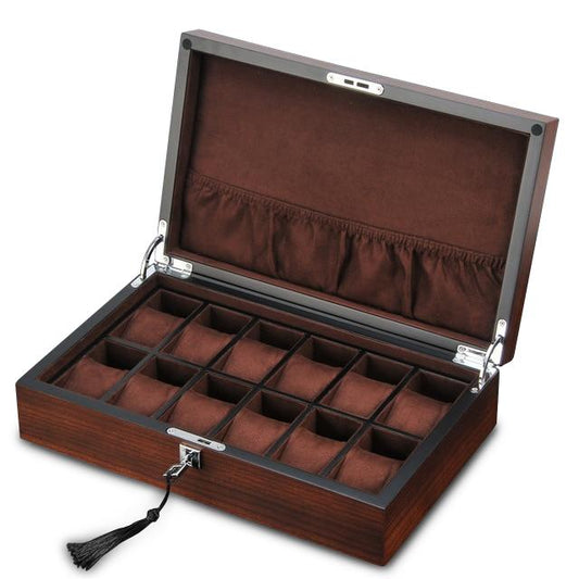 12 Slots Luxury Wooden Watch and Jewelry Organizer With Lock-Watch Box-Innovato Design-Brown-Innovato Design