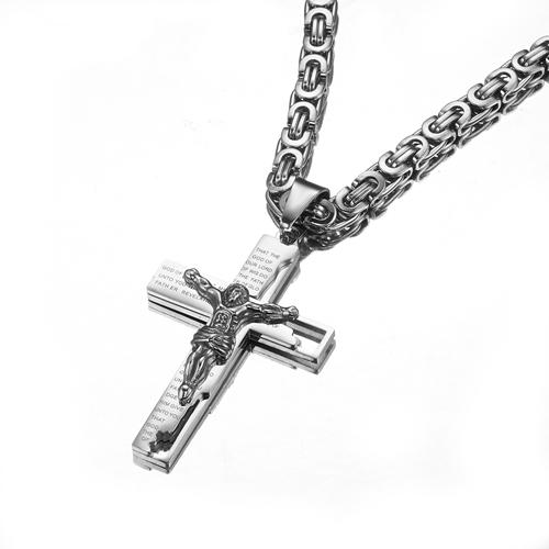 Men’s Stainless Steel Two-Tone Jesus Cross Pendant on Byzantine Chain Necklace-Necklaces-Innovato Design-Silver-20inch-Innovato Design