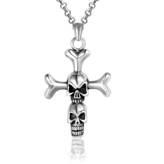 Silver Titanium Double Skull Bone Cross Pendant Necklace-Necklaces-Innovato Design-Innovato Design