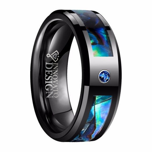 8mm Black Tungsten Carbide in Abalone Shell Inlay with Cubic Zirconia Wedding Band-Rings-Innovato Design-7-Innovato Design