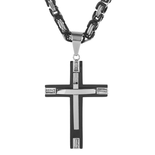 Stainless Steel Cross Pendant with Byzantine Link Necklace-Necklaces-Innovato Design-Black-24inch-Innovato Design