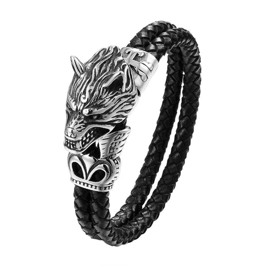 Titanium Steel Wolf Head Leather Bracelet-Bracelets-Innovato Design-7.5-Innovato Design