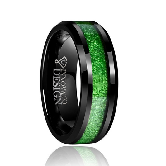Black Tungsten Carbide with Green Meteorite Inlay Wedding Band-Rings-Innovato Design-7-Innovato Design