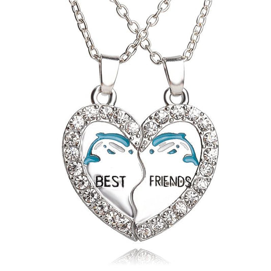 2-Piece Best Friends Heart Crystal Necklace with Dolphin Design-Necklaces-Innovato Design-Innovato Design