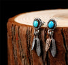 Turquoise Stone Gold Feather 925 Sterling Silver Vintage Fashion Long Stud Earrings-Earrings-Innovato Design-Silver Gold-Innovato Design