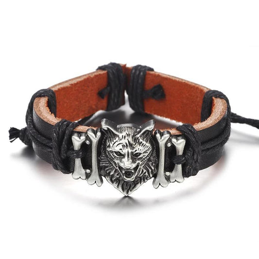 Punk Wolf Head Ornament Genuine Leather Bracelet-Bracelets-Innovato Design-Silver-Innovato Design