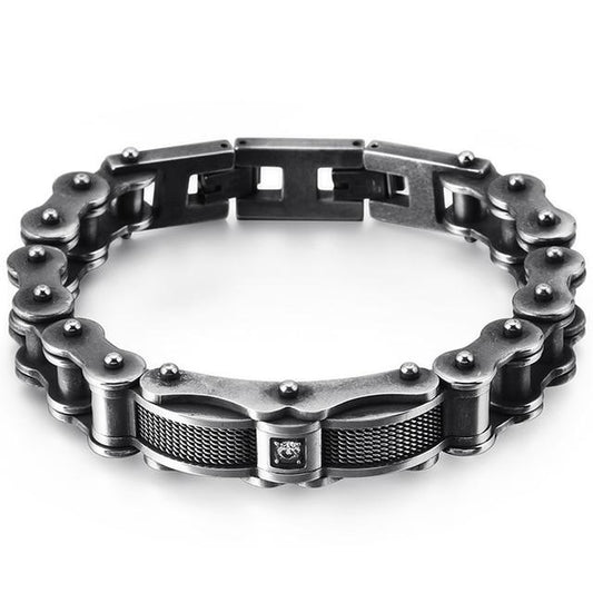 Biker Chain Bracelet with Zirconia Stone in Two Color Tones-Bracelets-Innovato Design-Black-8.6-Innovato Design