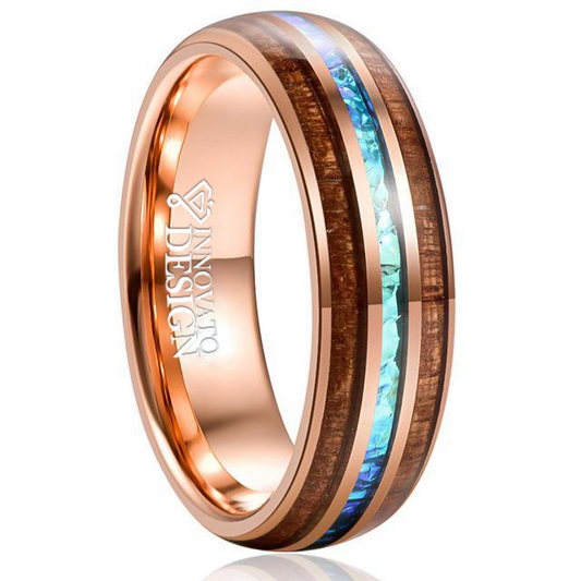 8mm Rose Gold Tungsten Carbide in Blue Inlay with Wood Koa Wedding Band-Rings-Innovato Design-7-Innovato Design