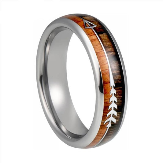 6mm Silver Tungsten Carbide in Two-Tone Koa Wood with Silver Arrow Wedding Band-Rings-Innovato Design-9.5-Silver-Innovato Design