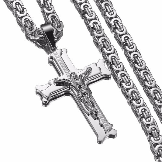 Stainless Steel Silver Multilayer Crucifix Pendant Byzantine Chain Necklace-Necklaces-Innovato Design-18-Innovato Design