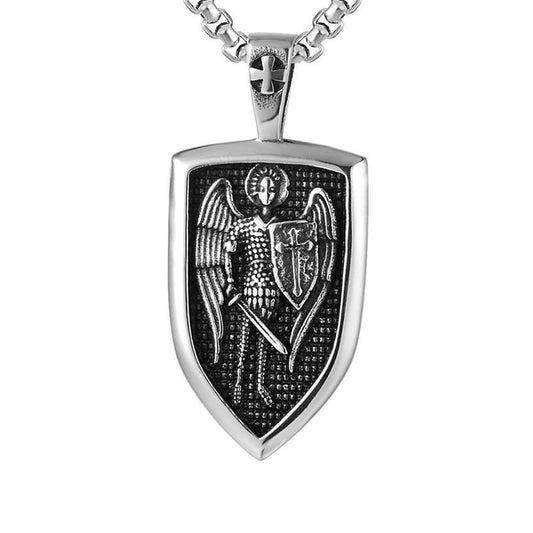 Rustic Silver Archangel Shield Pendant Chain Necklace-Necklaces-Innovato Design-Innovato Design