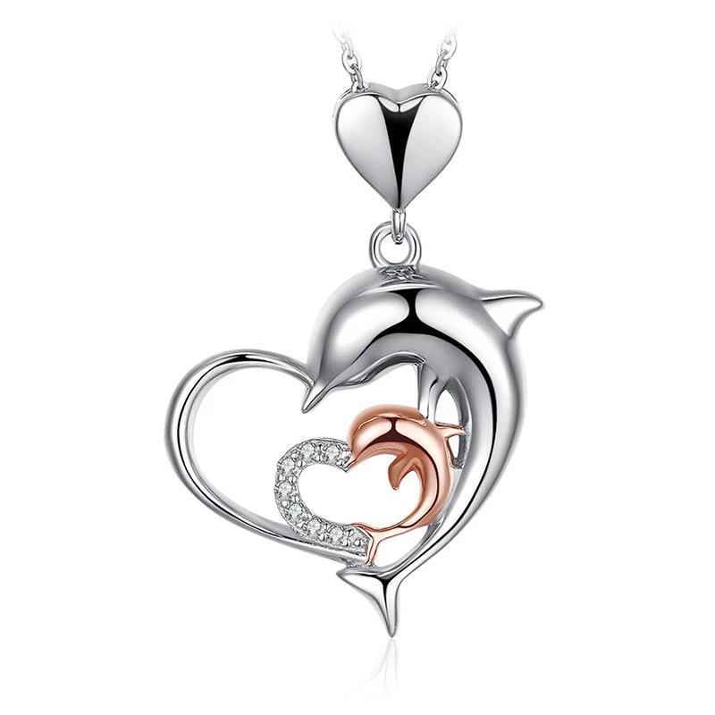 925 Sterling Silver Dolphin Mom & Baby Heart Pendant with Rose