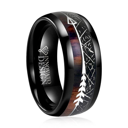 Black Tungsten Carbide with Black Meteorite and Koa Wood Ring-Rings-Innovato Design-5-Innovato Design