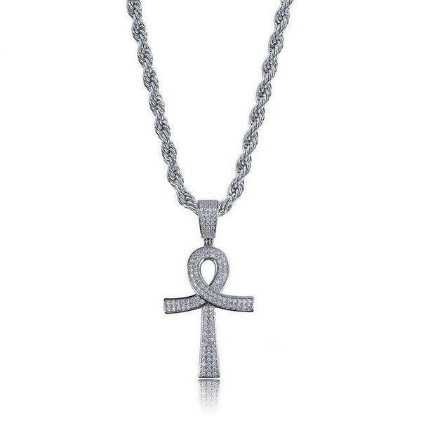 Metallic Ankh Pendant with Cubic Zirconia Crystals and Chain Necklace-Necklaces-Innovato Design-Silver-Innovato Design