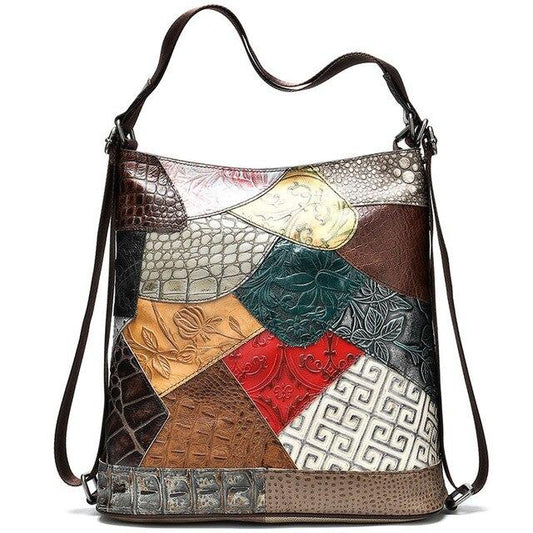 Convertible Bohemian Style Flowers Multi-Color Pattern Genuine Leather Sling Bag & Backpack-Leather Backpacks-Innovato Design-Innovato Design