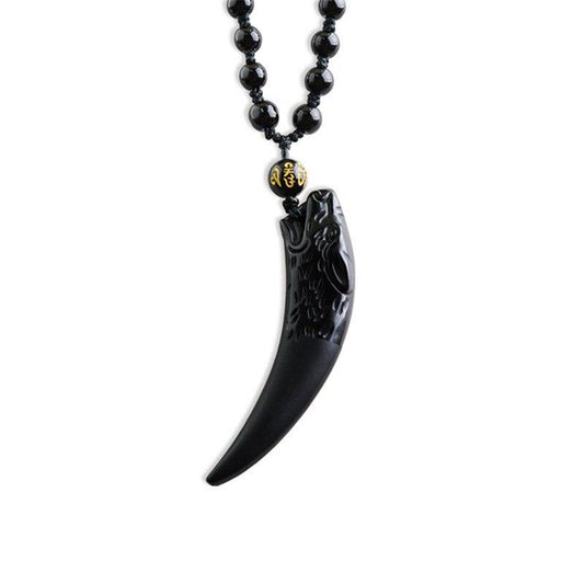 Black Obsidian Stone with Wolfhead Carving and Beaded Rope Necklace-Necklaces-Innovato Design-Innovato Design