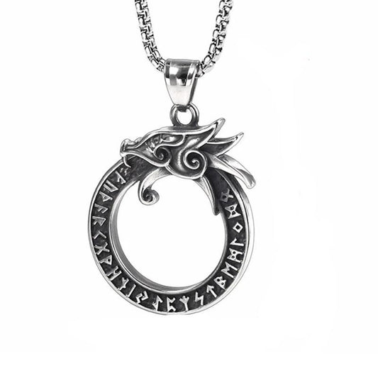 Stainless Steel and Dragon Ring Pendant with Rune Symbols-Necklaces-Innovato Design-Silver-Pearl-Innovato Design