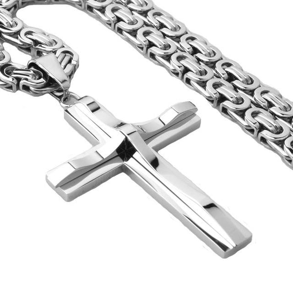 Stainless Steel Silver Cross with Wavy Metal Overlay Byzantine Chain Necklace-Necklaces-Innovato Design-Silver-20-Innovato Design