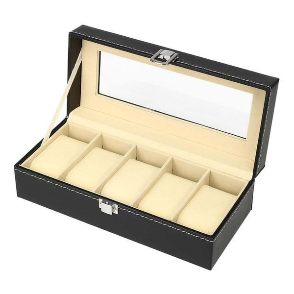 Black Leather Watch and Jewelry Storage Storage Box-Watch Box-Innovato Design-5 Slots-Innovato Design