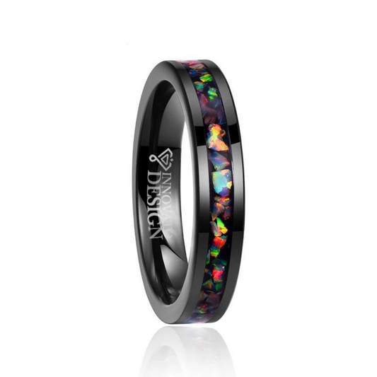 4mm Black Tungsten Carbide with Opal Inlay Slim Type Wedding Band-Rings-Innovato Design-5-Innovato Design