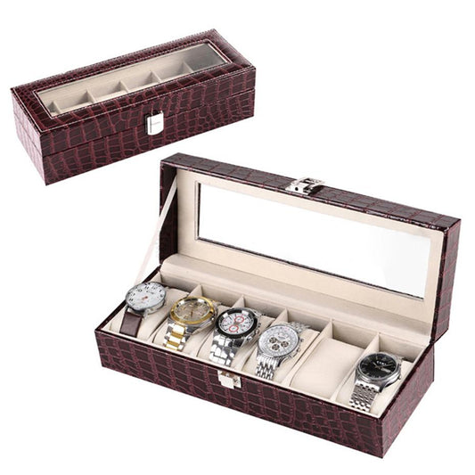 Burgundy Striped Leather Watch and Jewelry Display Storage Box-Watch Box-Innovato Design-Brown-Innovato Design