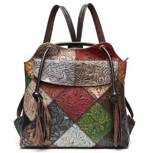 Lady’s Sling Bag or Backpack with Floral Embossed Designs on Leather Patchwork Pattern-Leather Backpacks-Innovato Design-Innovato Design