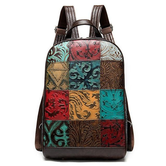 Multi-color Leather Backpack with Embossed Patterns on Patchwork Design-Leather Backpacks-Innovato Design-Innovato Design