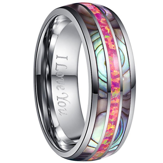 Silver Tungsten Carbide with Magenta Opal Inlay Wedding Band-Rings-Innovato Design-7-Innovato Design