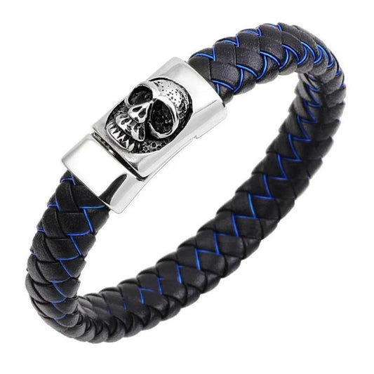 Black and Blue Braided Leather Stainless Steel Skull Bracelet-Skull Bracelet-Innovato Design-Black & Blue-6.8-Innovato Design