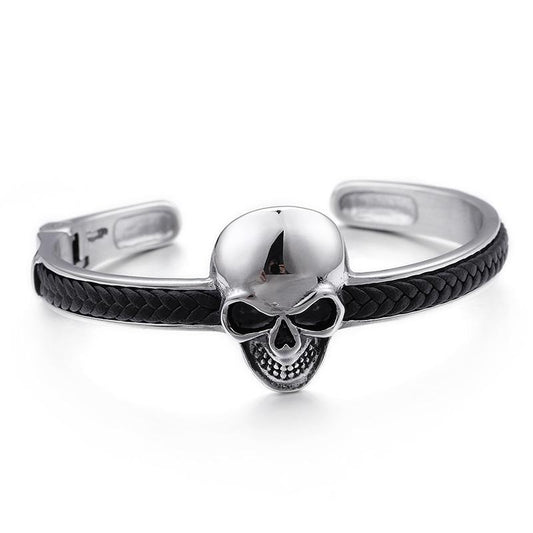 Black Braided Leather on Stainless Steel Skull-Skull Bracelet-Innovato Design-Innovato Design