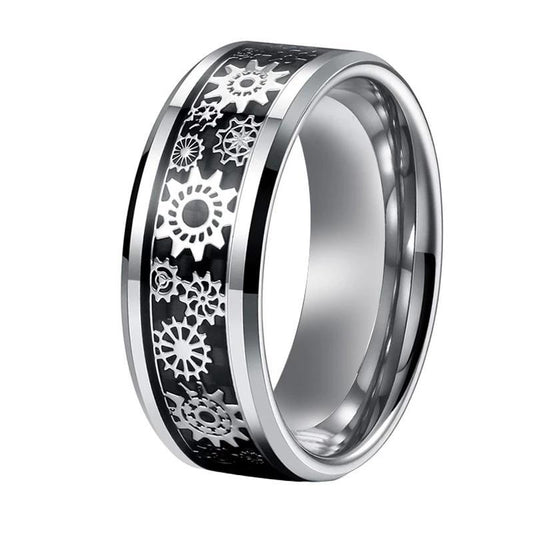 Silver Tungsten Carbide in Black Inlay with Gear Design Wedding Band-Rings-Innovato Design-7-Innovato Design