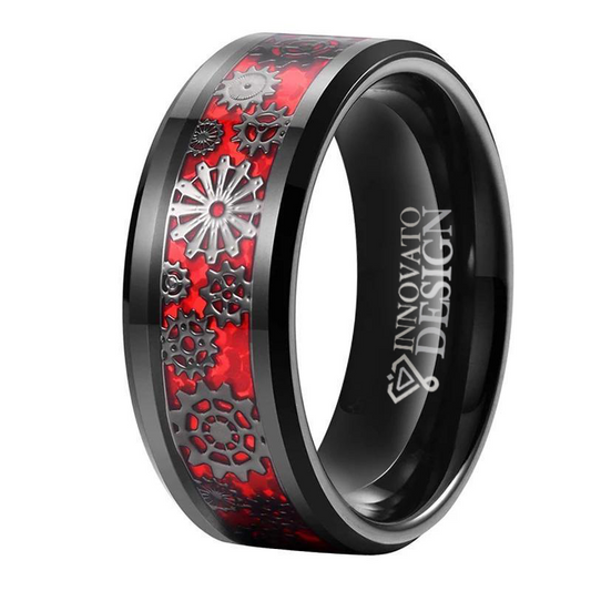 Black Tungsten Carbide in Red Inlay with Gear Design Wedding Band-Rings-Innovato Design-7-Innovato Design