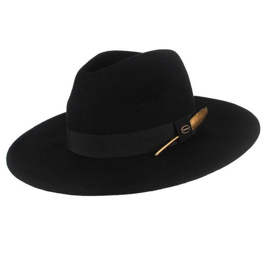 Wide Brim Wool Felt Fedora Hat with Gold Feather Band-Hats-Innovato Design-Camel-Innovato Design