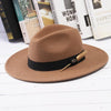 Wide Brim Wool Felt Fedora Hat with Gold Feather Band-Hats-Innovato Design-Camel-Innovato Design